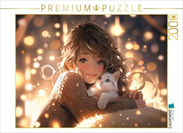 CALVENDO Puzzle Manga Illustration - Mädchen kuschelt mit Katze | 2000 Teile Lege-Größe 90x67cm Foto-Puzzle für glückliche Stunden