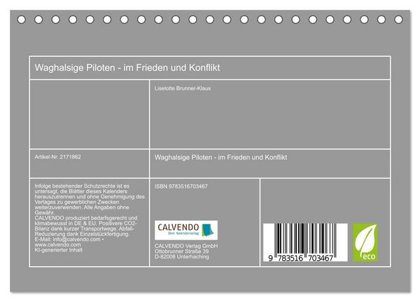 Produktbild: Waghalsige Piloten - im Frieden und Konflikt (Tischkalender 2026 DIN A5 quer), CALVENDO Monatskalender
