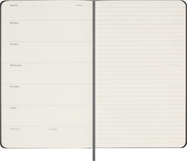 Produktbild: Moleskine undatierter Wochen Notizkalender, L/A5, 1 Wo = 1 Seite, Rechts linierte Seite, Fester Einband mit Textpr&auml;gung gold, Schwarz