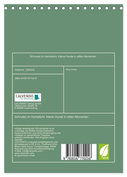 Produktbild: Schnuten im Herbstlicht. Kleine Hunde in stillen Momenten (Tischkalender 2027 DIN A5 hoch), CALVENDO Monatskalender