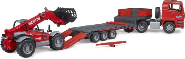 Produktbild: Bruder MAN TGA Tieflader mit Manitou Teleskoplader Fertigmodell Baufahrzeug Modell