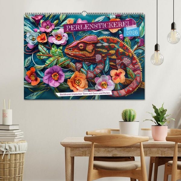 Produktbild: Perlenstickerei - Stickkunst tropischer Tiere mit Garn und Perlen (Wandkalender 2026 DIN A2 quer), CALVENDO Monatskalender