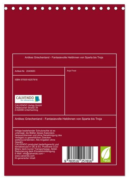 Produktbild: Antikes Griechenland - Fantasievolle Heldinnen von Sparta bis Troja (Tischkalender 2026 DIN A5 hoch), CALVENDO Monatskalender