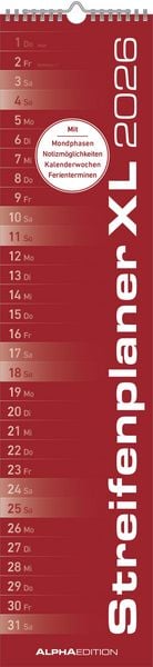 Produktbild: Streifenplaner XL ROT 2026 - Streifenkalender 15x64 cm - Wandplaner - Küchenkalender - schmales Design - eine Spalte - Langplaner