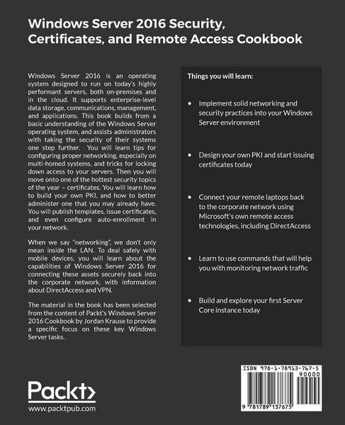 Produktbild: Windows Server 2016 Security, Certificates, and Remote Access Cookbook
