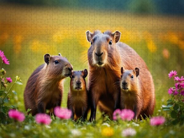 Produktbild: CALVENDO Puzzle Familie Wasserschwein auf bunter Blumenwiese | 1000 Teile Lege-Gr&ouml;&szlig;e 64x48cm Foto-Puzzle f&uuml;r gl&uuml;ckliche Stunden