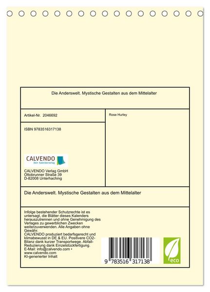 Produktbild: Die Anderswelt. Mystische Gestalten aus dem Mittelalter (Tischkalender 2026 DIN A5 hoch), CALVENDO Monatskalender