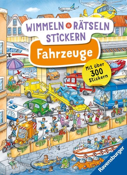 Ravensburger Wimmeln, Rätseln, Stickern: Fahrzeuge - Stickerbuch ab 4 Jahren, 13 Wimmelbilder, über 300 Sticker, Fahrzeu