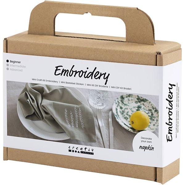 Produktbild: Creativ Company DIY Sets Sticken & Nadelstanzen Mini Kreativ Set Sticken, Staubgr&uuml;n, Serviette, Kreativ Box