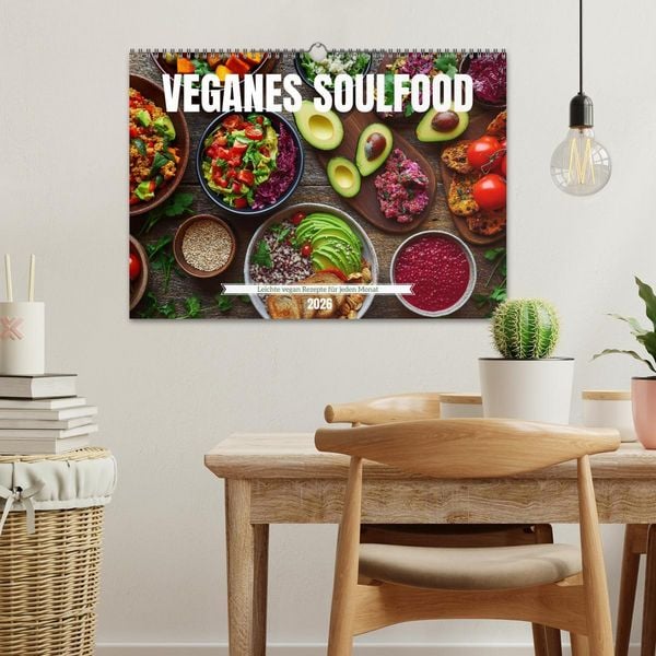 Produktbild: Veganes Soulfood - Leichte vegan Rezepte f&uuml;r jeden Monat (Wandkalender 2026 DIN A3 quer), CALVENDO Monatskalender