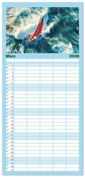 Produktbild: Familienplaner 2026 - Mit dem Wind um die Welt - segeln mit 5 Spalten (Wandkalender, 21 x 45 cm) CALVENDO