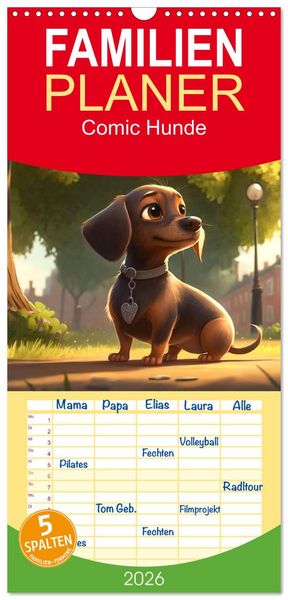 Produktbild: Familienplaner 2026 - Comic Hunde mit 5 Spalten (Wandkalender, 21 x 45 cm) CALVENDO