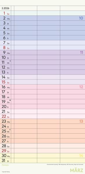 Produktbild: Superplaner Farbenfroh 2026 - Familien-Timer 22x45 cm - mit Ferienterminen - 3 Spalten - Wand-Planer - mit vielen Zusatzinformationen - Alpha Edition