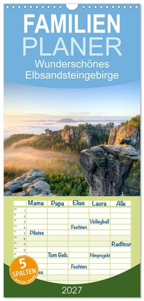 Produktbild: Familienplaner 2027 - Wundersch&ouml;nes Elbsandsteingebirge mit 5 Spalten (Wandkalender, 21 x 45 cm) CALVENDO