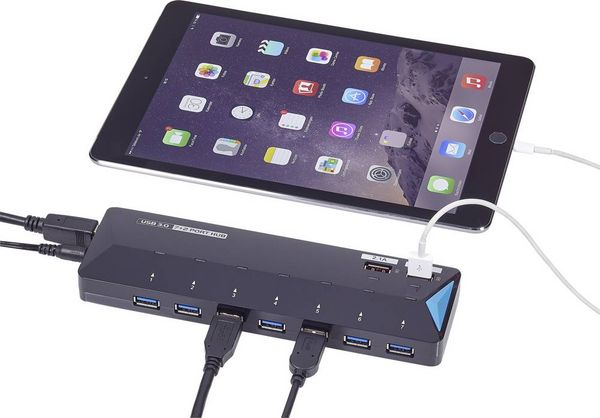Produktbild: Renkforce RF-3806034 USB-Hub 7 Port USB-A USB 3.0 5 GBit/s mit Schnellladeport, mit Status-LEDs Schwarz