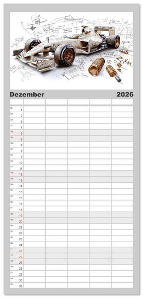 Produktbild: Familienplaner 2026 - Rennwagen - Design Studien mit 5 Spalten (Wandkalender, 21 x 45 cm) CALVENDO