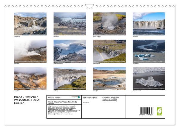 Produktbild: Island - Gletscher, Wasserf&auml;lle, Hei&szlig;e Quellen (Wandkalender 2026 DIN A3 quer), CALVENDO Monatskalender