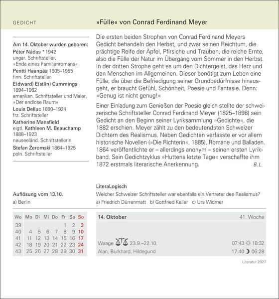 Produktbild: Literatur Tagesabrei&szlig;kalender 2027 - Kulturkalender - Autoren, Werke, H&ouml;rb&uuml;cher