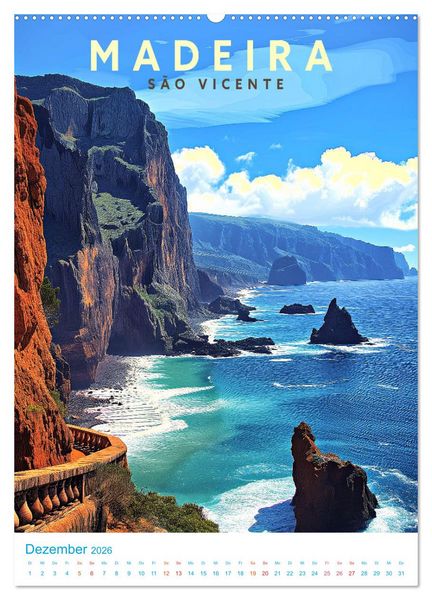 Produktbild: Madeira - Old School Poster Style (hochwertiger Premium Wandkalender 2026 DIN A2 hoch), Kunstdruck in Hochglanz