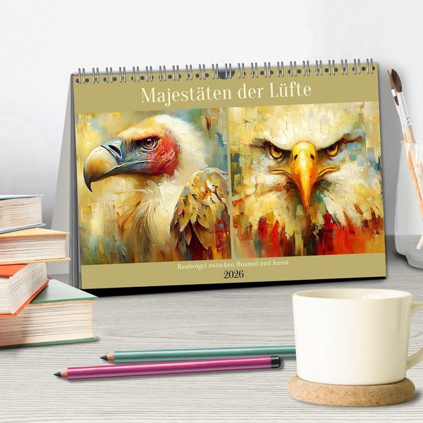 Produktbild: Majest&auml;ten der L&uuml;fte. Raubv&ouml;gel zwischen Himmel und Kunst (Tischkalender 2026 DIN A5 quer), CALVENDO Monatskalender
