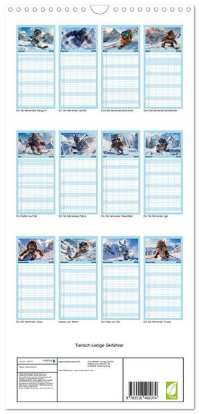 Produktbild: Familienplaner 2026 - Tierisch lustige Skifahrer mit 5 Spalten (Wandkalender, 21 x 45 cm) CALVENDO