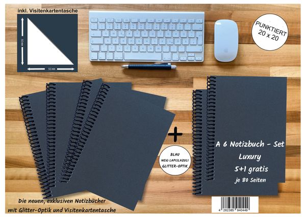 Produktbild: A 6 Notizbuch - Set, 5+1 gratis, Luxury 80 Seiten BLAU NEW LAPISLAZULI GLITTER-OPTIK, punktiert 20x20mm