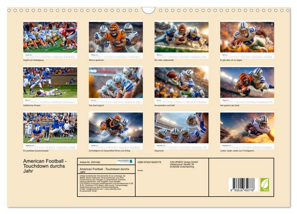 Produktbild: American Football - Touchdown durchs Jahr (Wandkalender 2026 DIN A3 quer), CALVENDO Monatskalender