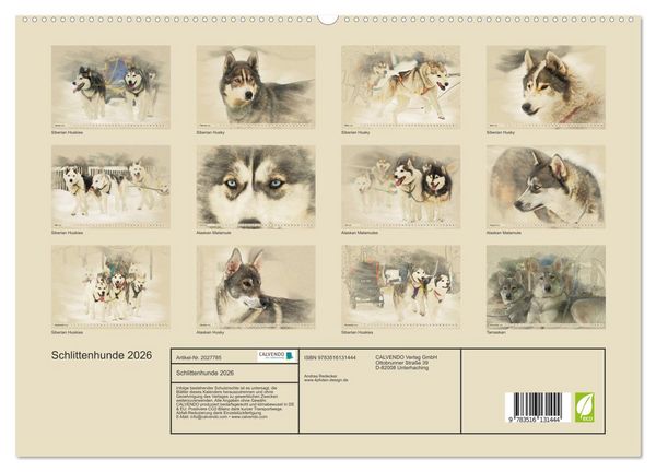 Produktbild: Schlittenhunde 2026 (hochwertiger Premium Wandkalender 2026 DIN A2 quer), Kunstdruck in Hochglanz