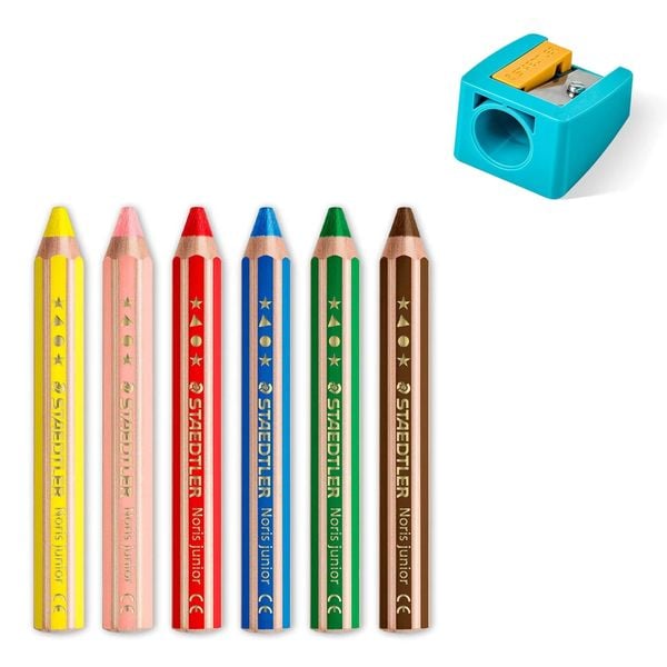 Produktbild: STAEDTLER Noris junior 140 Kindermalstift 3 in 1, Kartonetui mit 6 Malstiften in sortierten Farben und 1 Spitzer, 140 C6