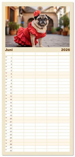 Produktbild: Familienplaner 2026 - Eine Mopsige Weltreise mit 5 Spalten (Wandkalender, 21 x 45 cm) CALVENDO