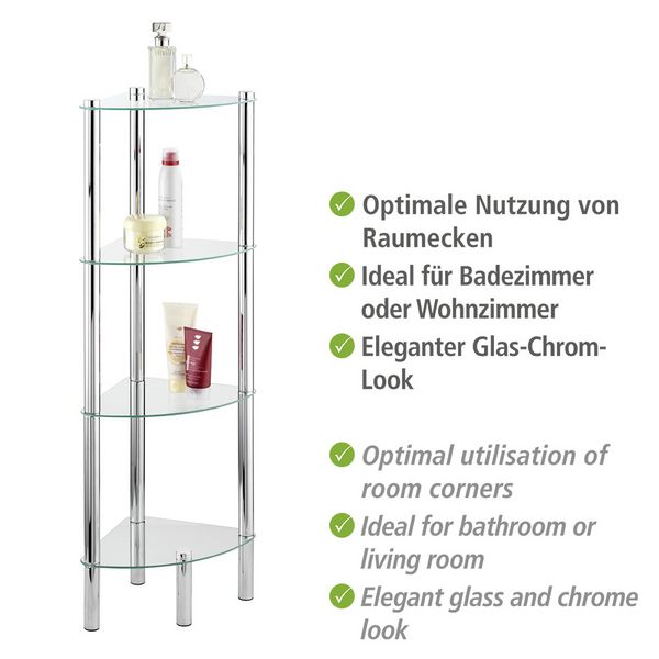 Produktbild: Eckregal Mod. Yago mit 4 Glasablagen, aus Edelstahl und Sicherheitsglas