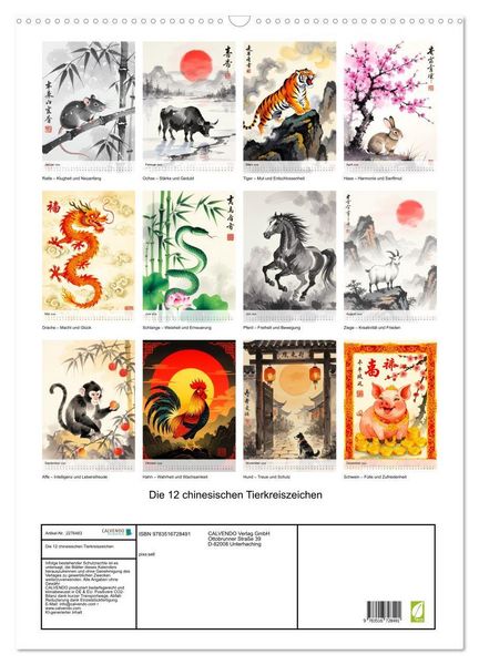 Produktbild: Die 12 chinesischen Tierkreiszeichen (Wandkalender 2026 DIN A2 hoch), CALVENDO Monatskalender