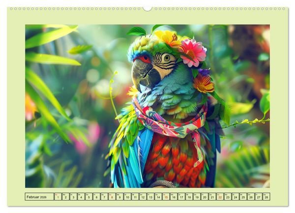 Produktbild: Papageien-Fashion. Farbenfroher Modestil im Dschungel (Wandkalender 2026 DIN A2 quer), CALVENDO Monatskalender