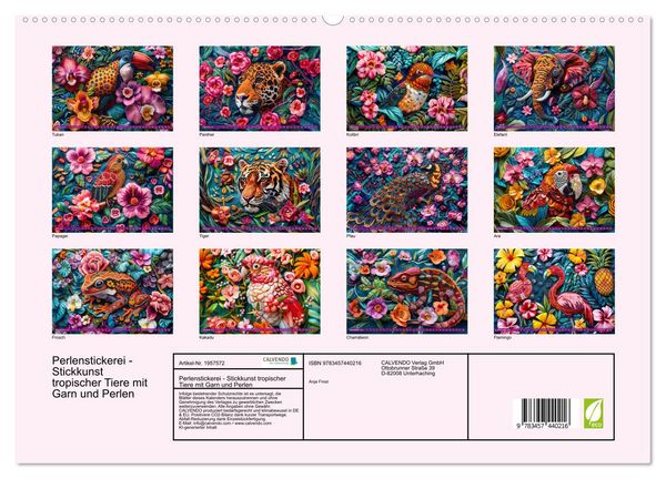 Produktbild: Perlenstickerei - Stickkunst tropischer Tiere mit Garn und Perlen (hochwertiger Premium Wandkalender 2026 DIN A2 quer), Kunstdruck in Hochglanz