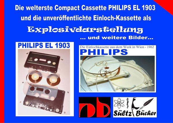 Produktbild: Die welterste Compact Cassette PHILIPS EL 1903 und die unver&ouml;ffentlichte Einloch-Kassette als Explosivdarstellung