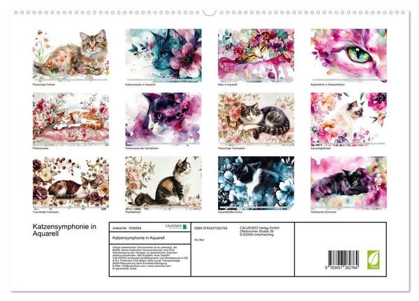 Produktbild: Katzensymphonie in Aquarell (hochwertiger Premium Wandkalender 2026 DIN A2 quer), Kunstdruck in Hochglanz