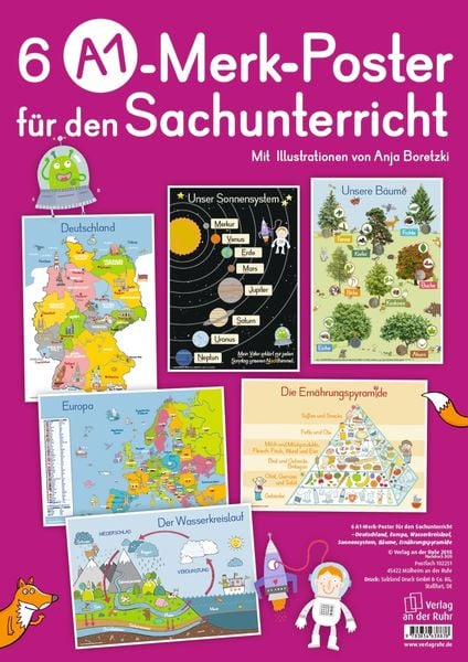 6 A1-Poster für den Sachunterricht - Deutschland, Europa, Wasserkreislauf, Sonnensystem, Bäume, Ernährungspyramide