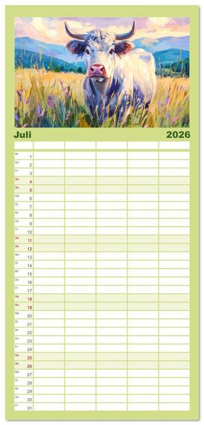 Produktbild: Familienplaner 2026 - Almseelen im Licht der Berge. Charmante K&uuml;he in kunstvoller &Ouml;loptik mit 5 Spalten (Wandkalender, 21 x 45 cm) CALVENDO