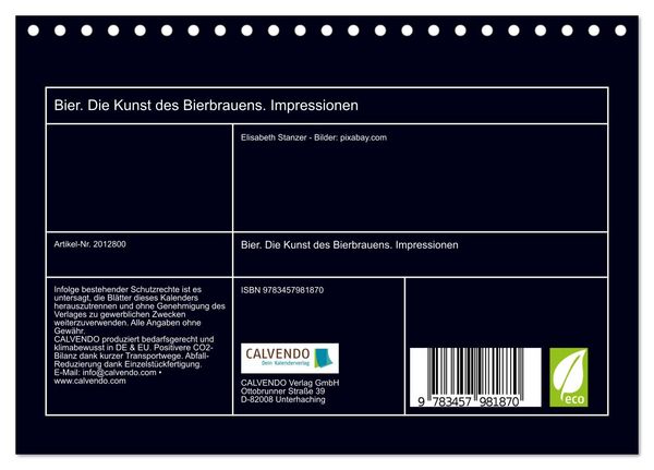 Produktbild: Bier. Die Kunst des Bierbrauens. Impressionen (Tischkalender 2026 DIN A5 quer), CALVENDO Monatskalender