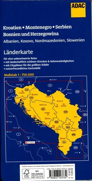 Produktbild: ADAC Länderkarte Kroatien, Montenegro, Serbien, Bosnien und Herzegowina 1:750.000