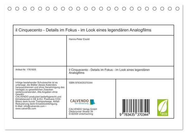 Produktbild: il Cinquecento - Details im Fokus - im Look eines legend&auml;ren Analogfilms (Tischkalender 2025 DIN A5 quer), CALVENDO Monatskalender