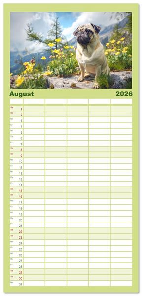 Produktbild: Familienplaner 2026 - Mops trifft Berglust. Fidele Gipfelst&uuml;rmer im H&ouml;henrausch mit 5 Spalten (Wandkalender, 21 x 45 cm) CALVENDO