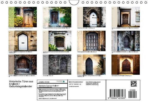 Produktbild: Historische T&uuml;ren aus England / Geburtstagskalender (Wandkalender immerw&auml;hrend DIN A4 quer)