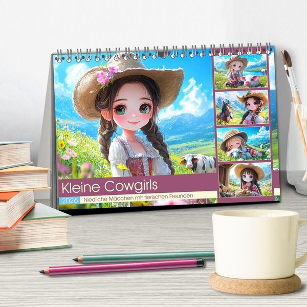 Produktbild: Kleine Cowgirls. Niedliche M&auml;dchen mit tierischen Freunden (Tischkalender 2026 DIN A5 quer), CALVENDO Monatskalender