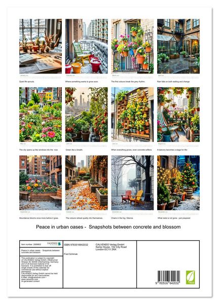 Produktbild: Peace in urban oases - Snapshots between concrete and blossom (High Quality Premium Wall Calendar 2026 DIN A2 portrait),CALVENDO 12 Month Wall Calendar
