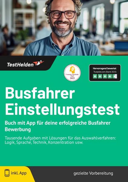 Produktbild: Busfahrer Einstellungstest: Buch mit App f&uuml;r deine erfolgreiche Busfahrer Bewerbung | Tausende Aufgaben mit L&ouml;sungen f&uuml;r das Auswahlverfahren: Logik, Sprache, Technik, Konzentration usw.