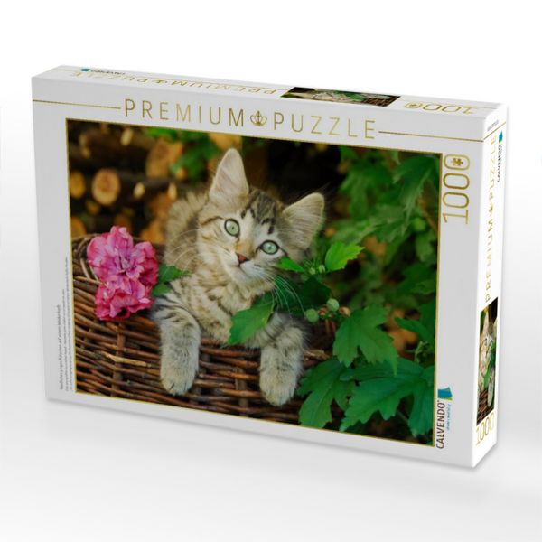 Produktbild: CALVENDO Puzzle Niedliches junges K&auml;tzchen auf einem Weidenkorb | 1000 Teile Lege-Gr&ouml;&szlig;e 64x48cm Foto-Puzzle f&uuml;r gl&uuml;ckliche Stunden