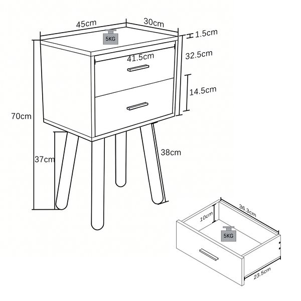 Produktbild: Nachttisch mit 2 Schublade 45x30x56 cm Singol XXL