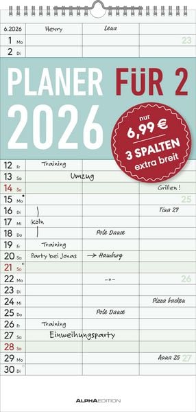 Planer für zwei 2026 mit 3 Spalten - Familien-Timer 22x45 cm - Offset-Papier - mit Ferienterminen - Wand-Planer - Familienkalender - Alpha Edition