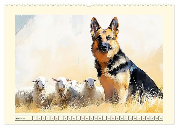 Produktbild: Deutsche Sch&auml;ferhunde. Majest&auml;tische W&auml;chter im Aquarell-Stil (hochwertiger Premium Wandkalender 2026 DIN A2 quer), Kunstdruck in Hochglanz